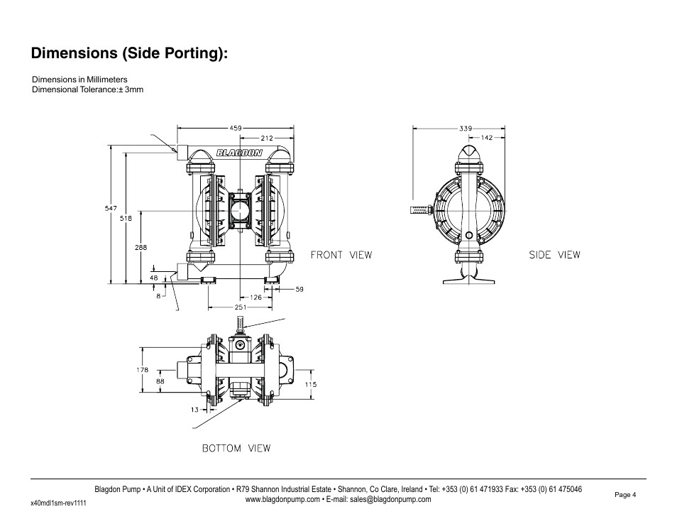 Dimensions (side porting) | Blagdon Pump X40 Metallic User Manual | Page 6 / 25