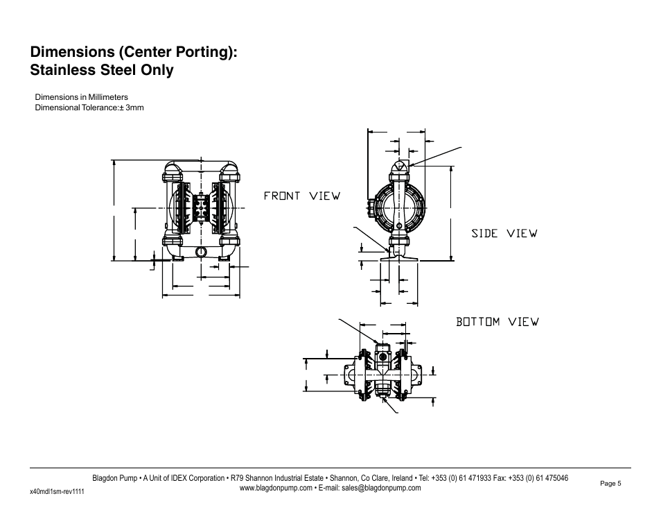 Dimensions (center porting): stainless steel only | Blagdon Pump X40 Metallic User Manual | Page 7 / 25
