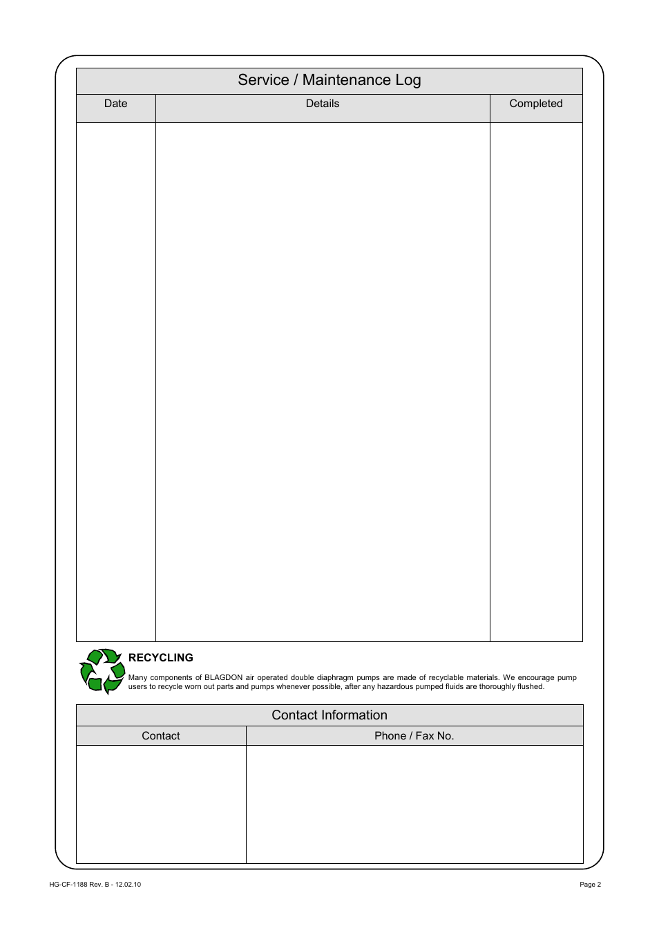 Service / maintenance log, Contact information | Blagdon Pump X40 Stainless Steel User Manual | Page 2 / 12