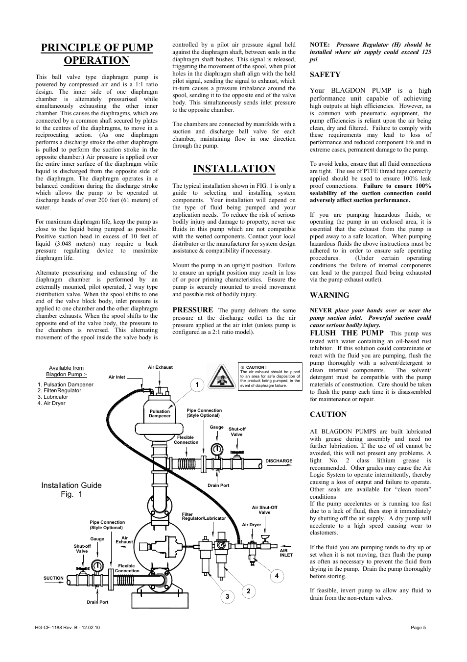 Principle of pump operation, Installation, Pressure | Safety, Warning, Flush the pump, Caution, Installation guide fig. 1 | Blagdon Pump X40 Stainless Steel User Manual | Page 5 / 12