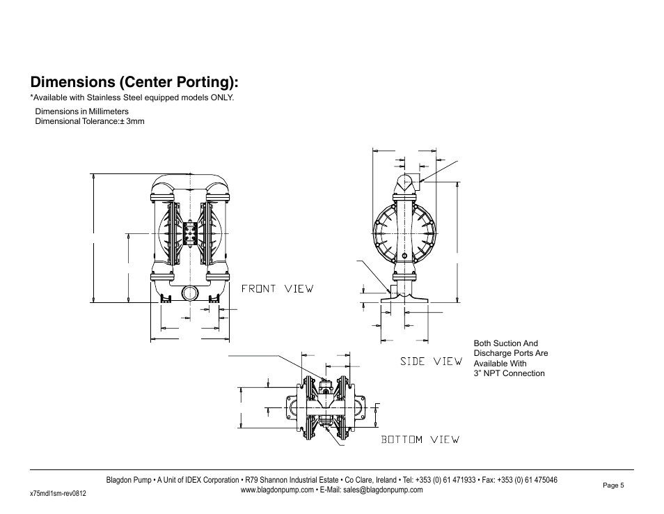 Dimensions (center porting) | Blagdon Pump B75 Metallic User Manual | Page 7 / 25