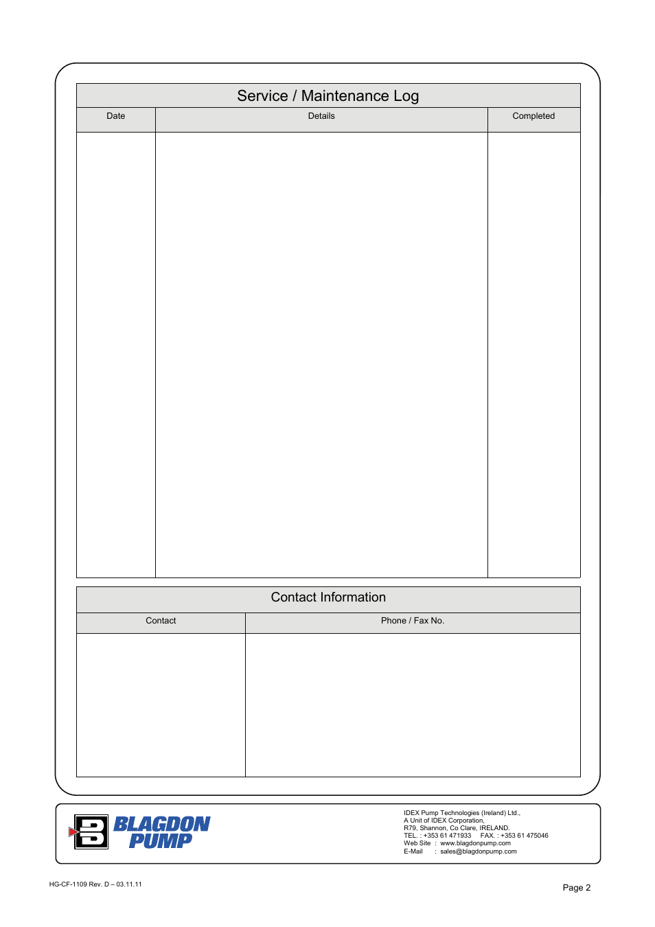 Service / maintenance log, Contact information | Blagdon Pump B50 W1 User Manual | Page 2 / 10