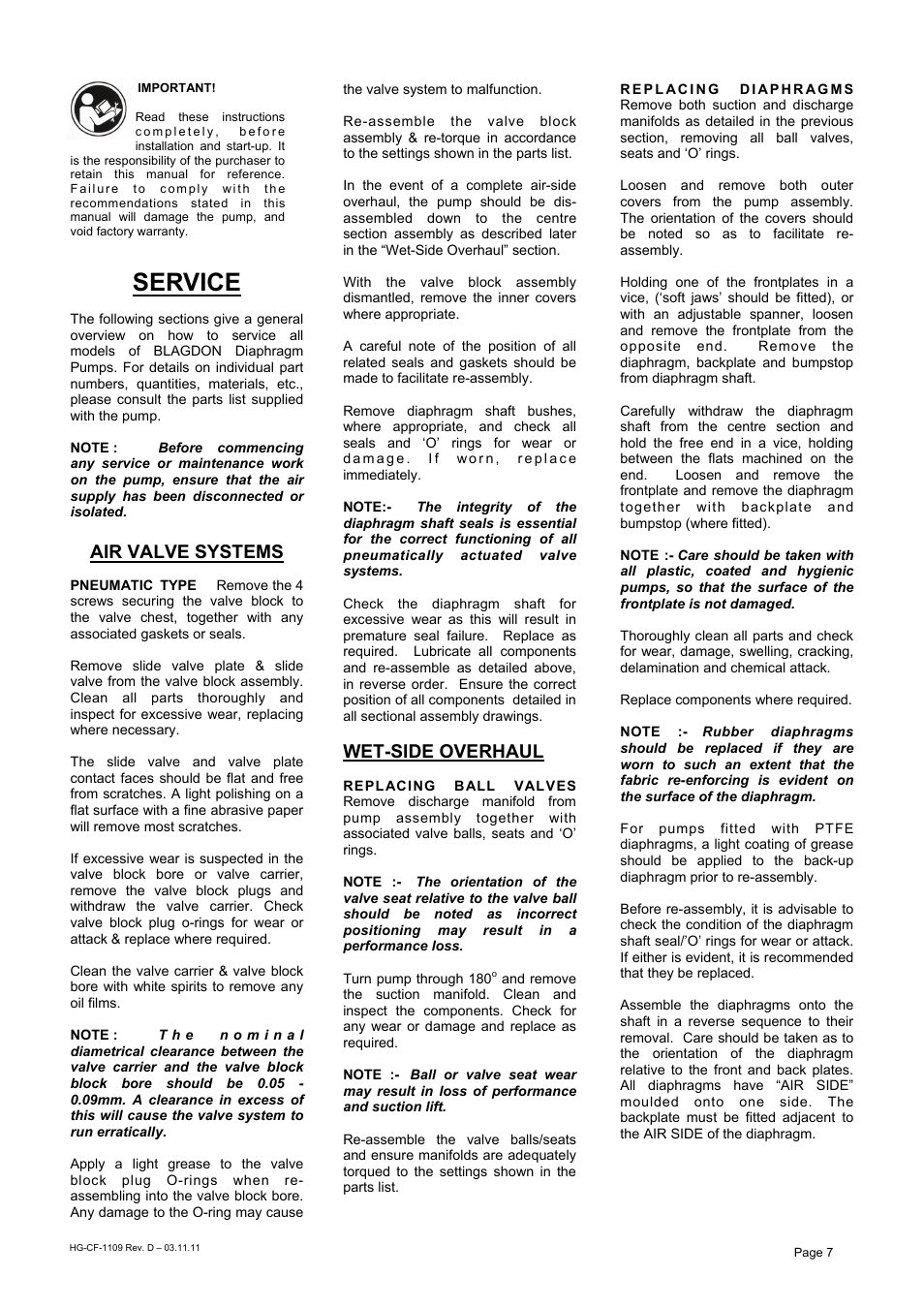 Service, Air valve systems, Wet-side overhaul | Blagdon Pump B50 W1 User Manual | Page 7 / 10