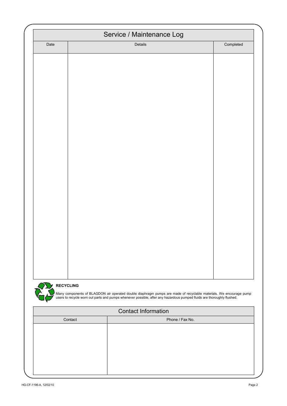 Service / maintenance log, Contact information | Blagdon Pump X25 Metallic User Manual | Page 2 / 12