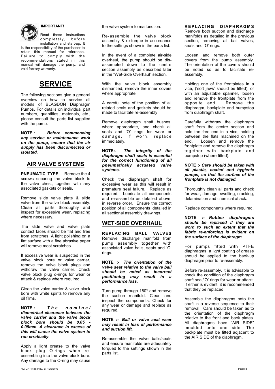 Service, Air valve systems, Wet-side overhaul | Blagdon Pump X25 FDA User Manual | Page 8 / 12