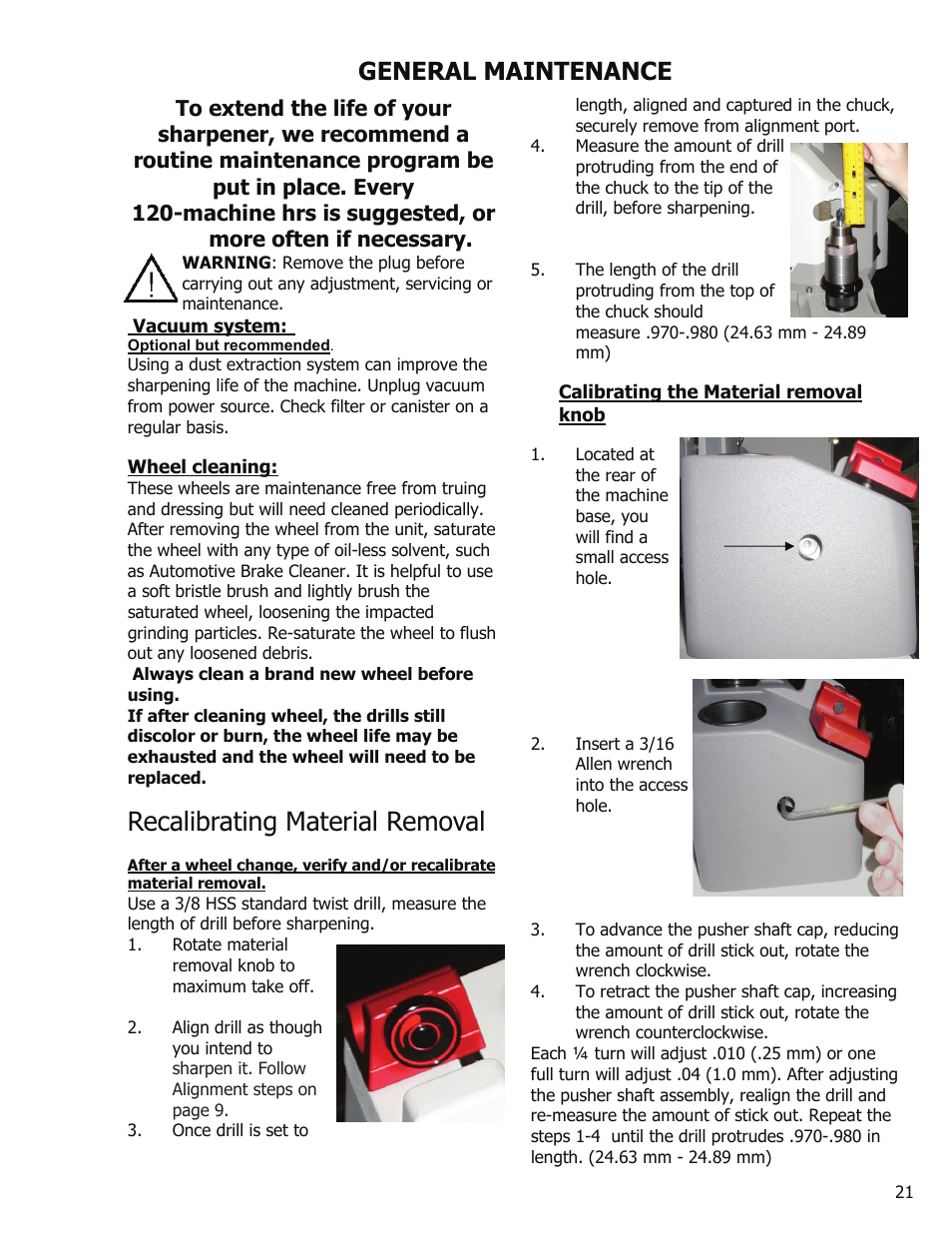 Recalibrating material removal, General maintenance | Darex XT-3000A User Manual | Page 23 / 90