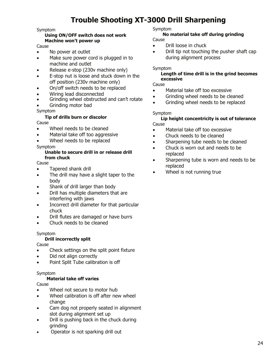 Trouble shooting xt-3000 drill sharpening | Darex XT-3000A User Manual | Page 26 / 90