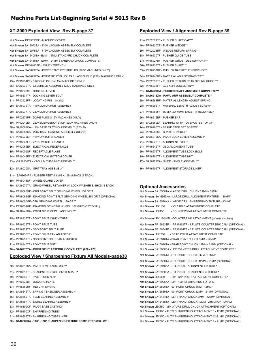 Machine parts list-beginning serial # 5015 rev b, Optional accessories | Darex XT-3000A User Manual | Page 32 / 90