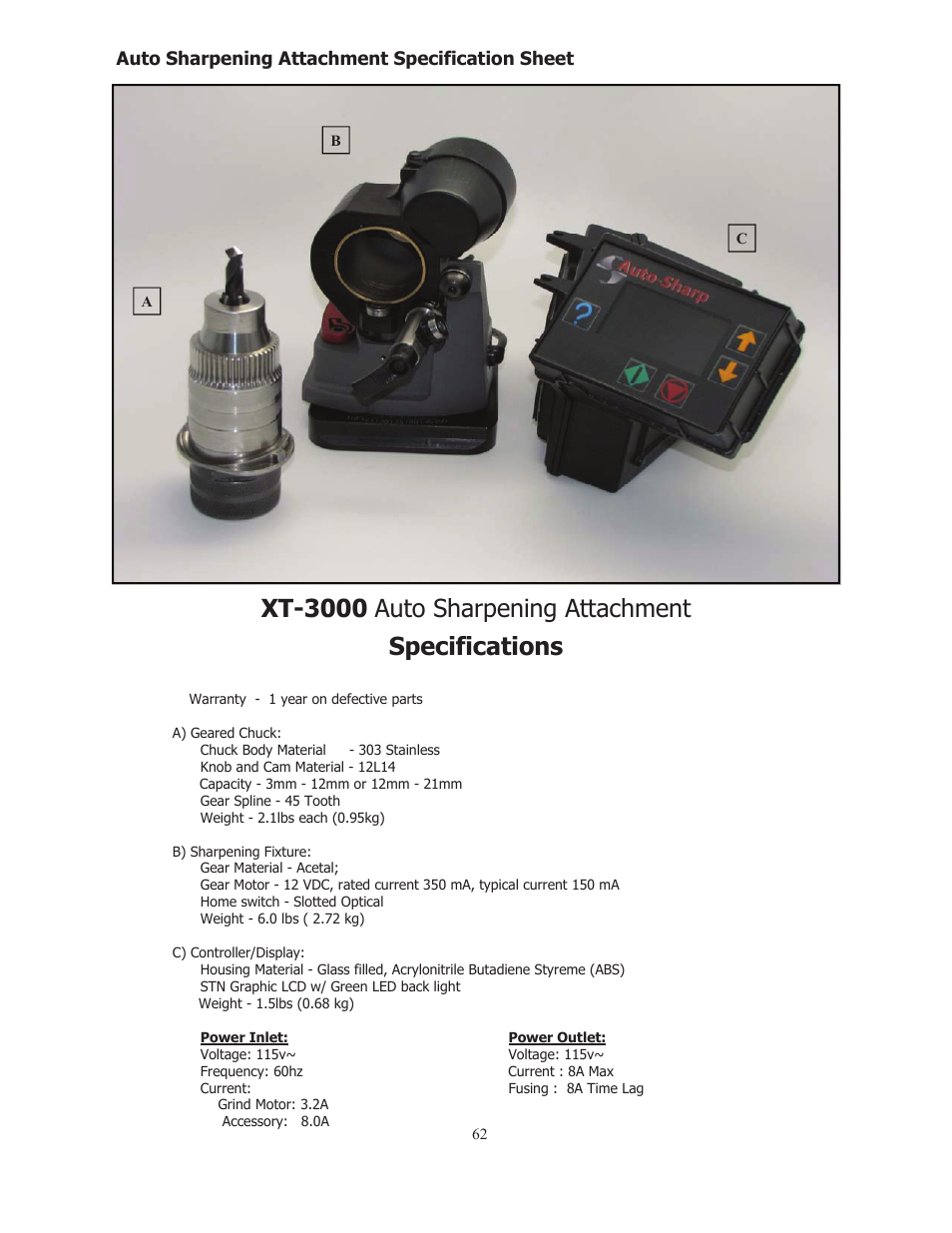 Xt-3000 auto sharpening attachment specifications, Auto sharpening attachment specification sheet | Darex XT-3000A User Manual | Page 64 / 90