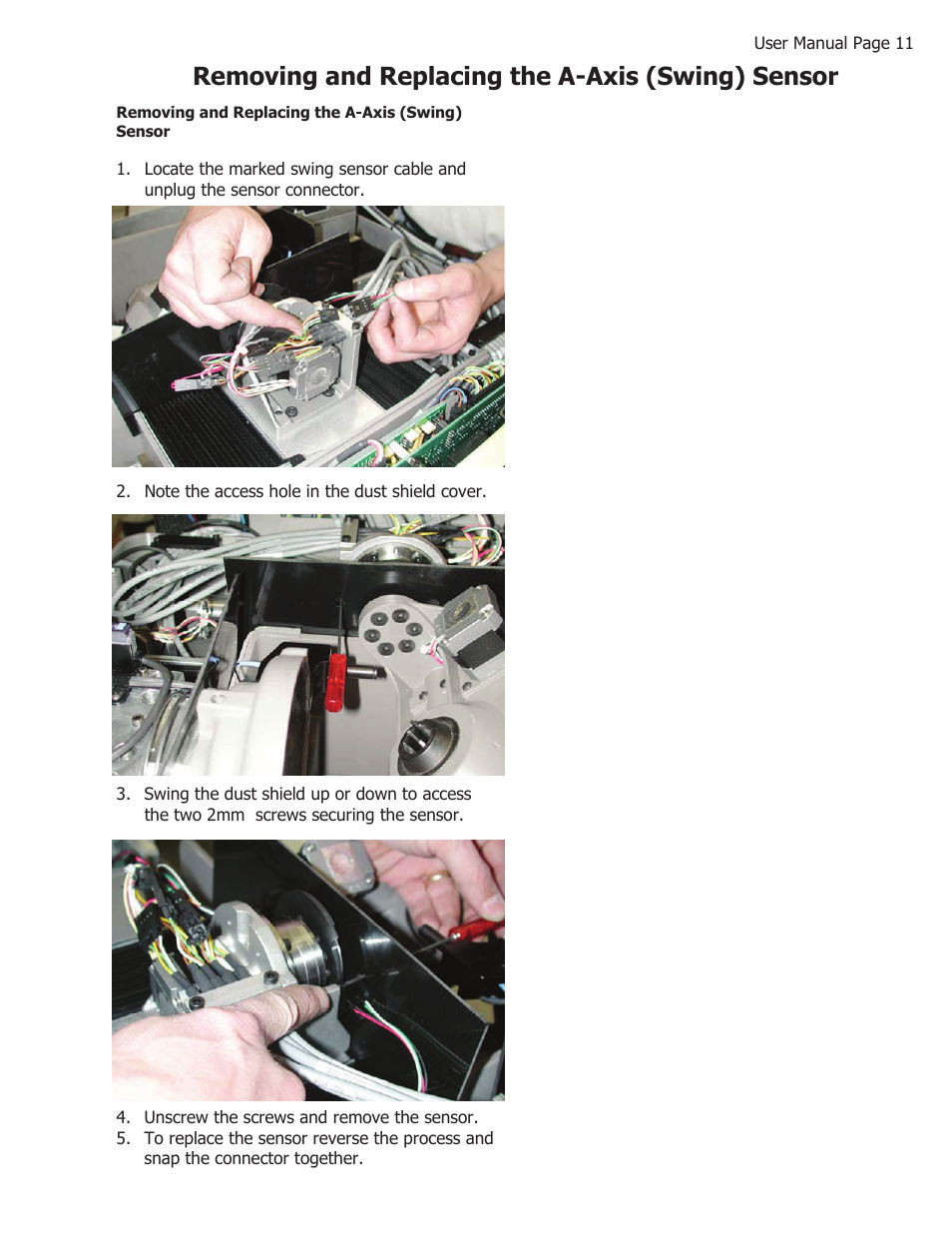 Removing and replacing the a-axis (swing) sensor | Darex XPS-16 Operating Instructions User Manual | Page 106 / 128