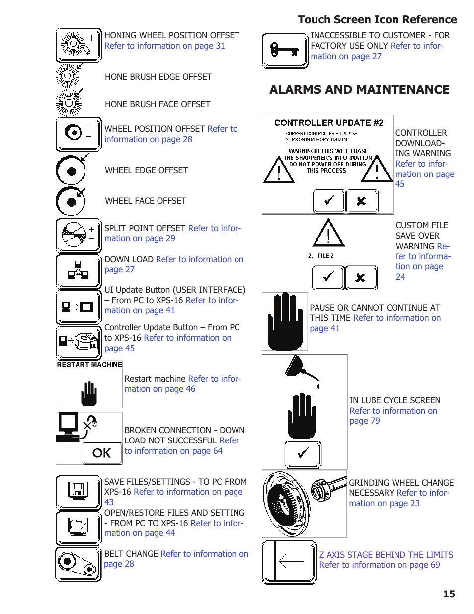 Alarms and maintenance, Touch screen icon reference | Darex XPS-16 Operating Instructions User Manual | Page 15 / 128