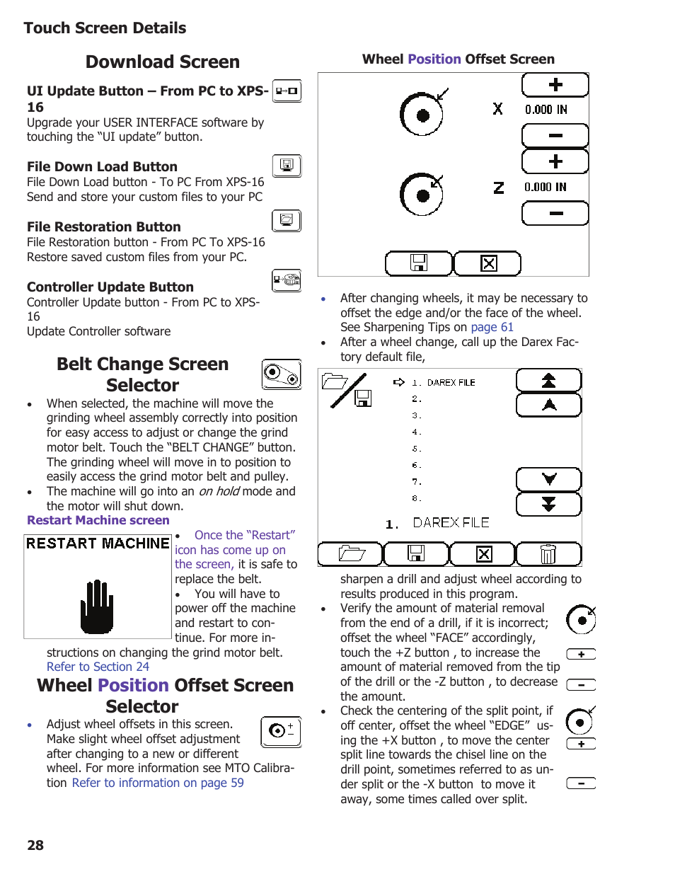 Download screen, Belt change screen selector, Wheel position offset screen selector | Touch screen details | Darex XPS-16 Operating Instructions User Manual | Page 28 / 128