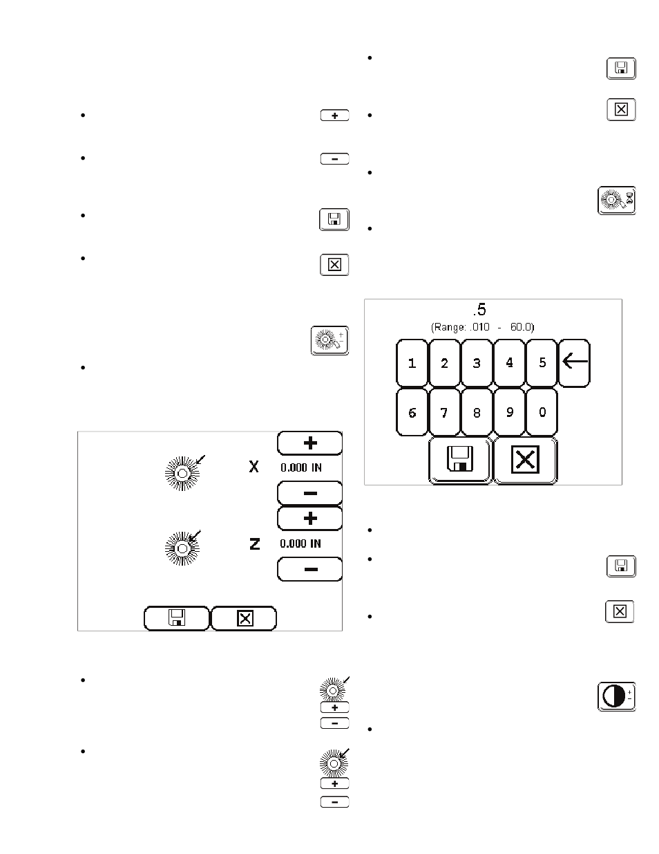 Honing wheel offset ad- justment screen selector, Hone timing adjustment screen selector, Contrast adjustment screen selector | Touch screen details | Darex XPS-16 Operating Instructions User Manual | Page 31 / 128