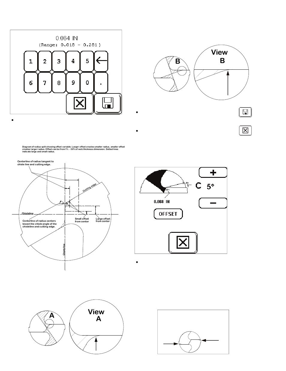 Radius spilt offset screen, 36 radius offset keypad, Adjusting the c axis | Darex XPS-16 Operating Instructions User Manual | Page 36 / 128