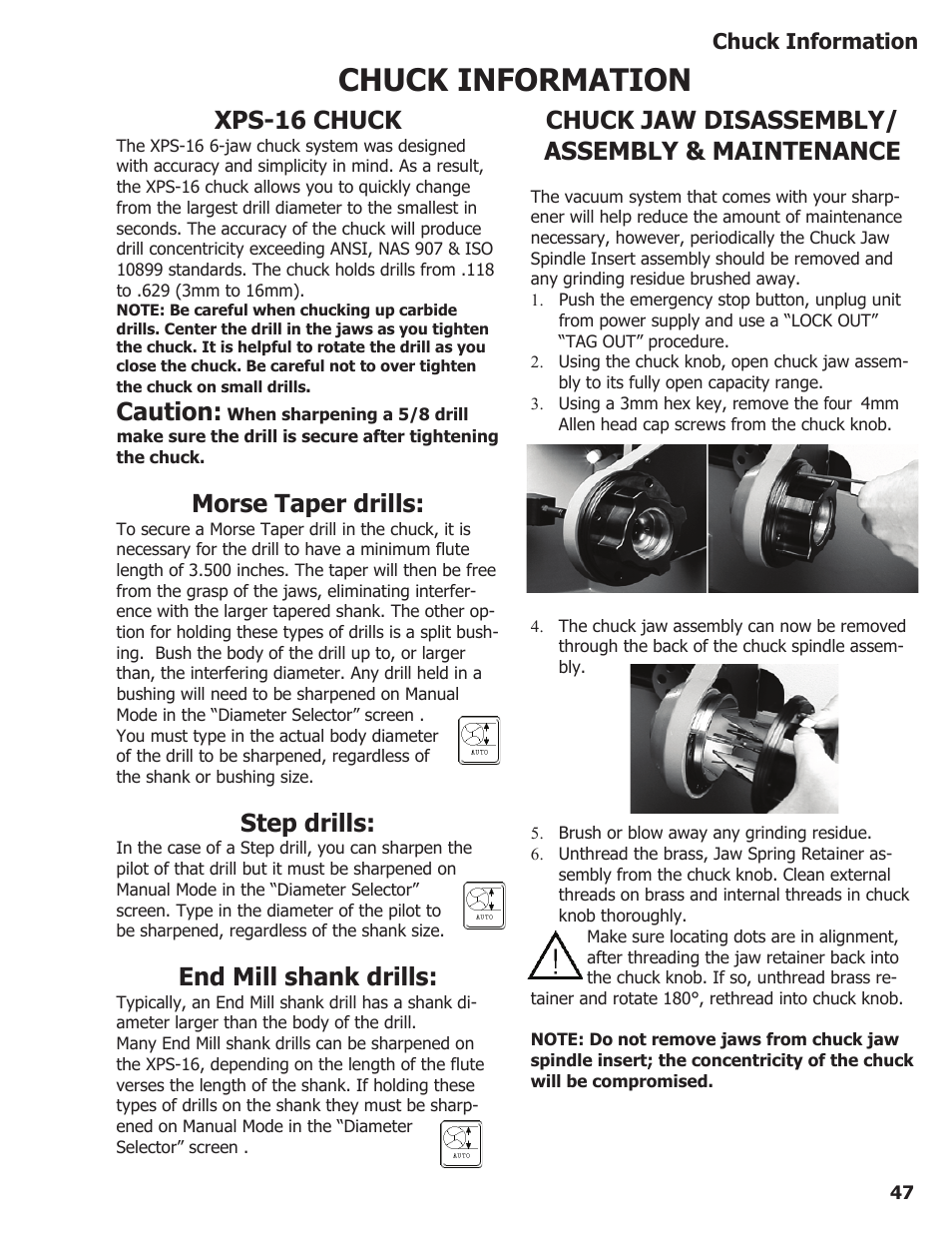 Chuck information, Xps-16 chuck, Caution | Morse taper drills, Step drills, End mill shank drills, Chuck jaw disassembly/ assembly & maintenance | Darex XPS-16 Operating Instructions User Manual | Page 47 / 128