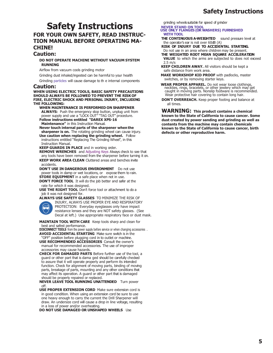 Safety instructions, Caution, Warning | Darex XPS-16 Operating Instructions User Manual | Page 5 / 128