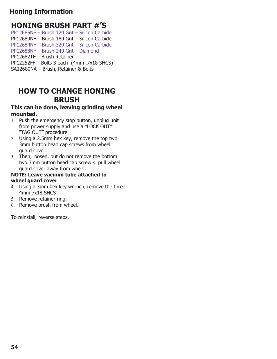 Honing brush part #’s, How to change honing brush | Darex XPS-16 Operating Instructions User Manual | Page 54 / 128