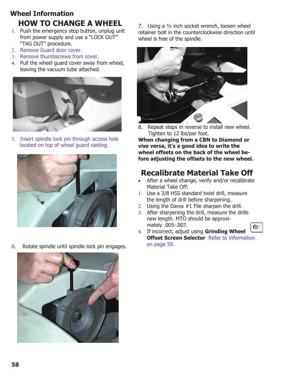 Recalibrate material take off, How to change a wheel, Wheel information | Darex XPS-16 Operating Instructions User Manual | Page 58 / 128