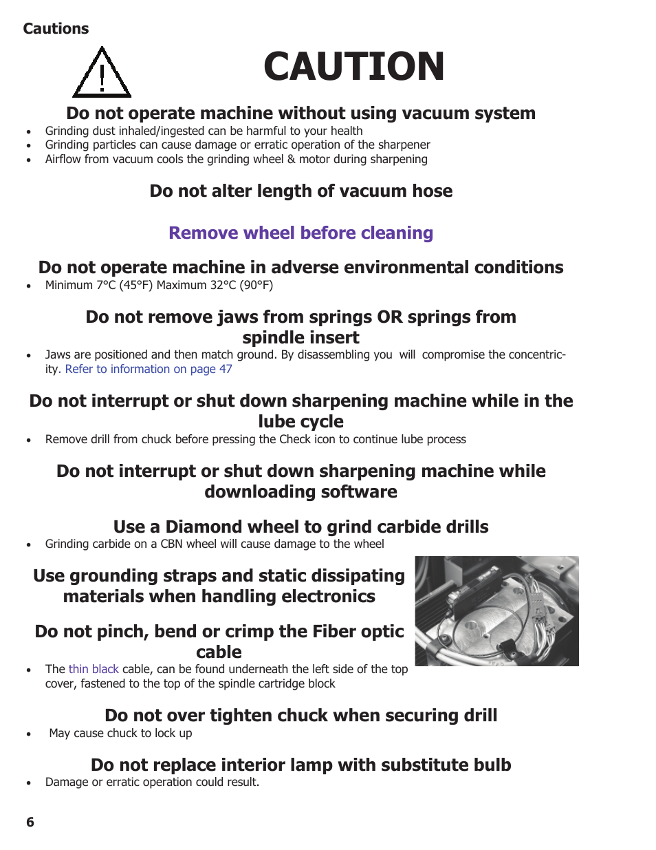Caution, Do not operate machine without using vacuum system, Do not over tighten chuck when securing drill | Do not replace interior lamp with substitute bulb | Darex XPS-16 Operating Instructions User Manual | Page 6 / 128