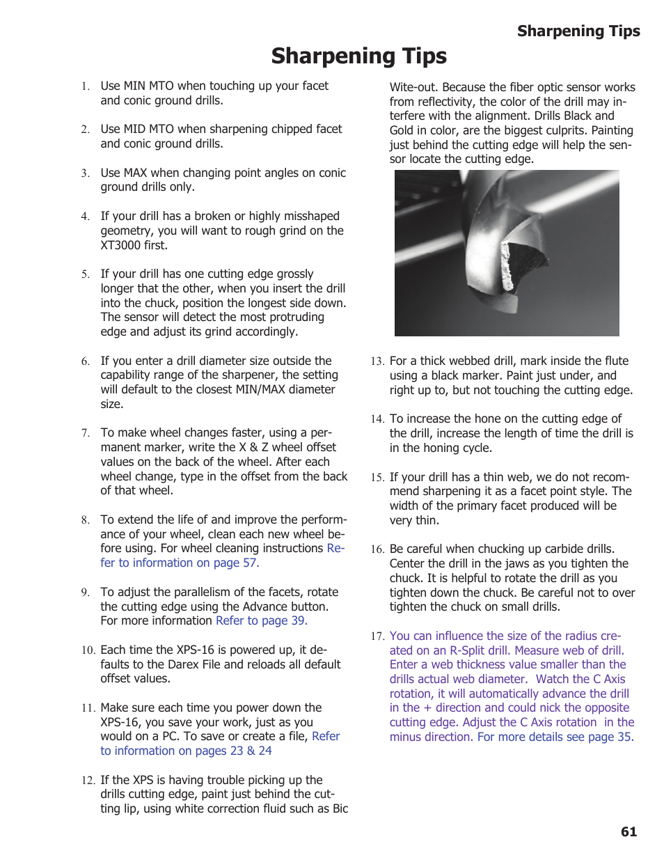Sharpening tips | Darex XPS-16 Operating Instructions User Manual | Page 61 / 128