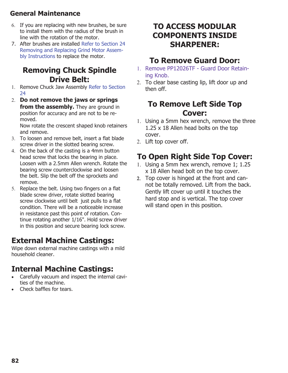 Removing chuck spindle drive belt, External machine castings, Internal machine castings | Darex XPS-16 Operating Instructions User Manual | Page 82 / 128
