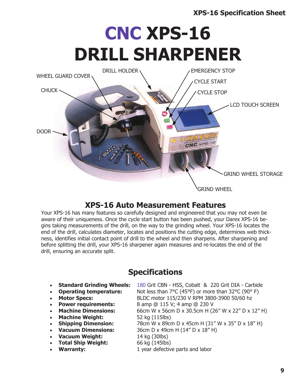 Cnc xps-16 drill sharpener, Xps-16 auto measurement features, Specifications | Darex XPS-16 Operating Instructions User Manual | Page 9 / 128