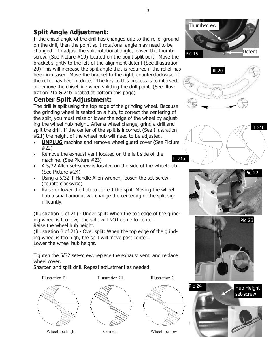 Split angle adjustment, Center split adjustment | Darex V-390 User Manual | Page 13 / 20