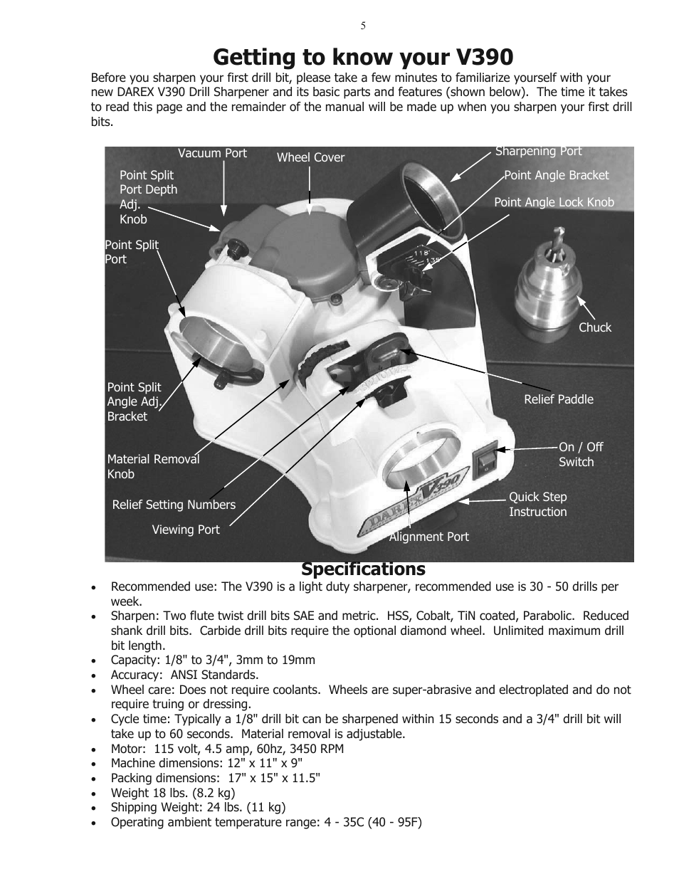 Getting to know your v390, Specifications | Darex V-390 User Manual | Page 5 / 20