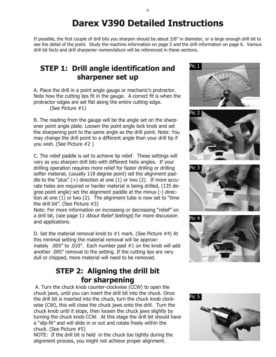 Darex v390 detailed instructions, Step 2: aligning the drill bit for sharpening | Darex V-390 User Manual | Page 9 / 20