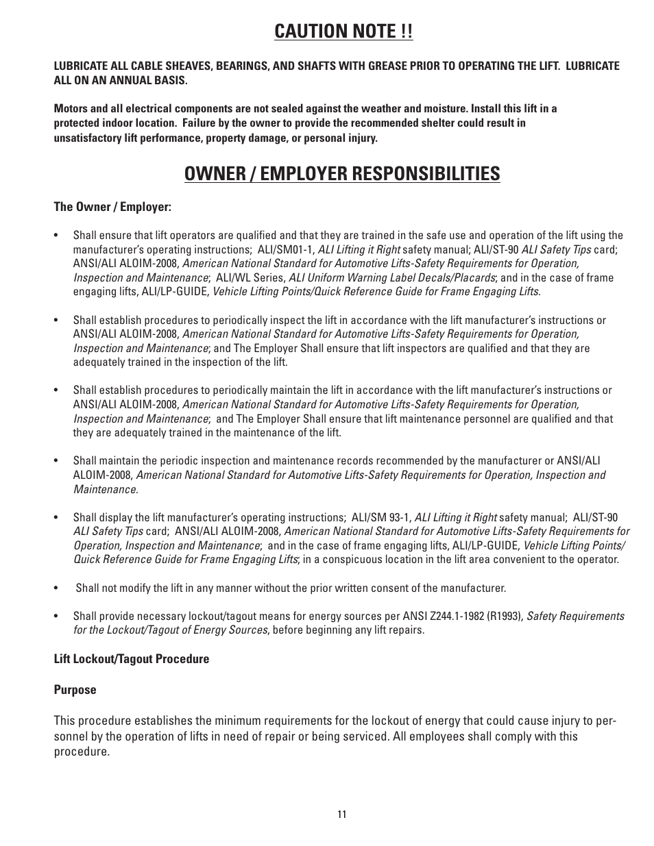 Owner / employer responsibilities | Direct Lift PP8S User Manual | Page 11 / 36