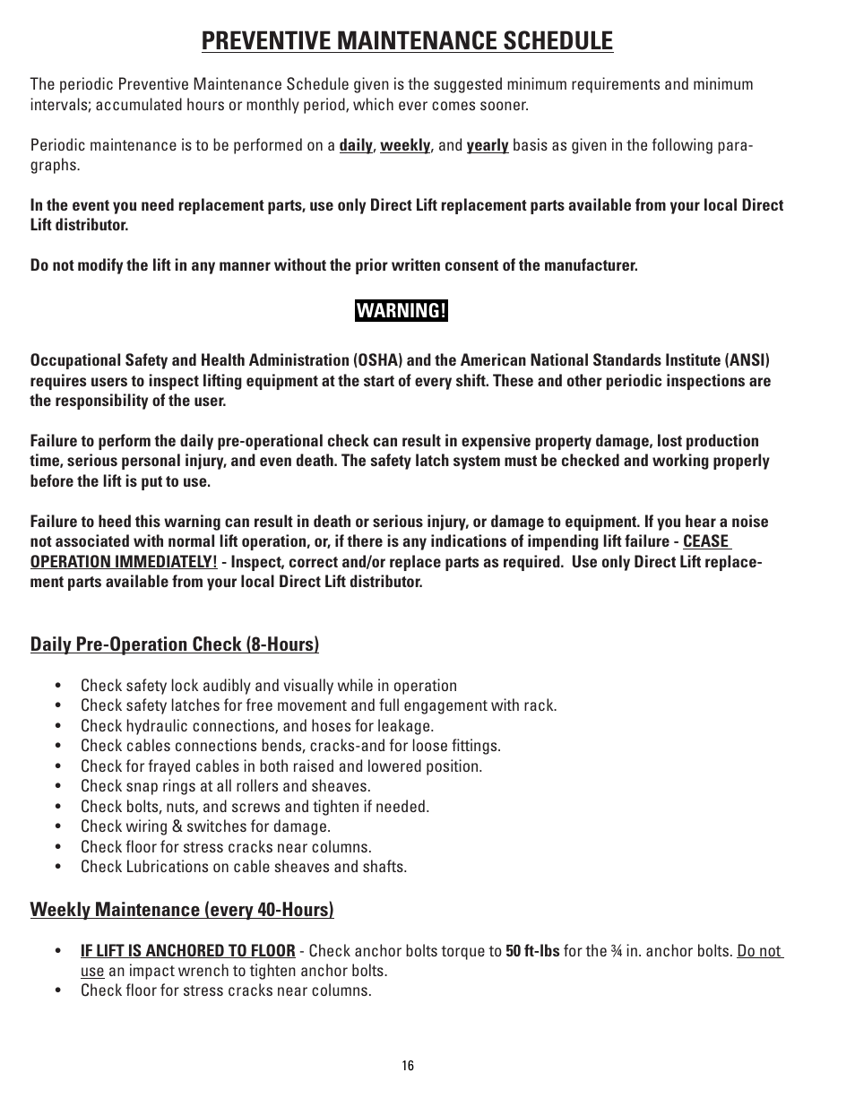 Preventive maintenance schedule | Direct Lift PP8S User Manual | Page 16 / 36