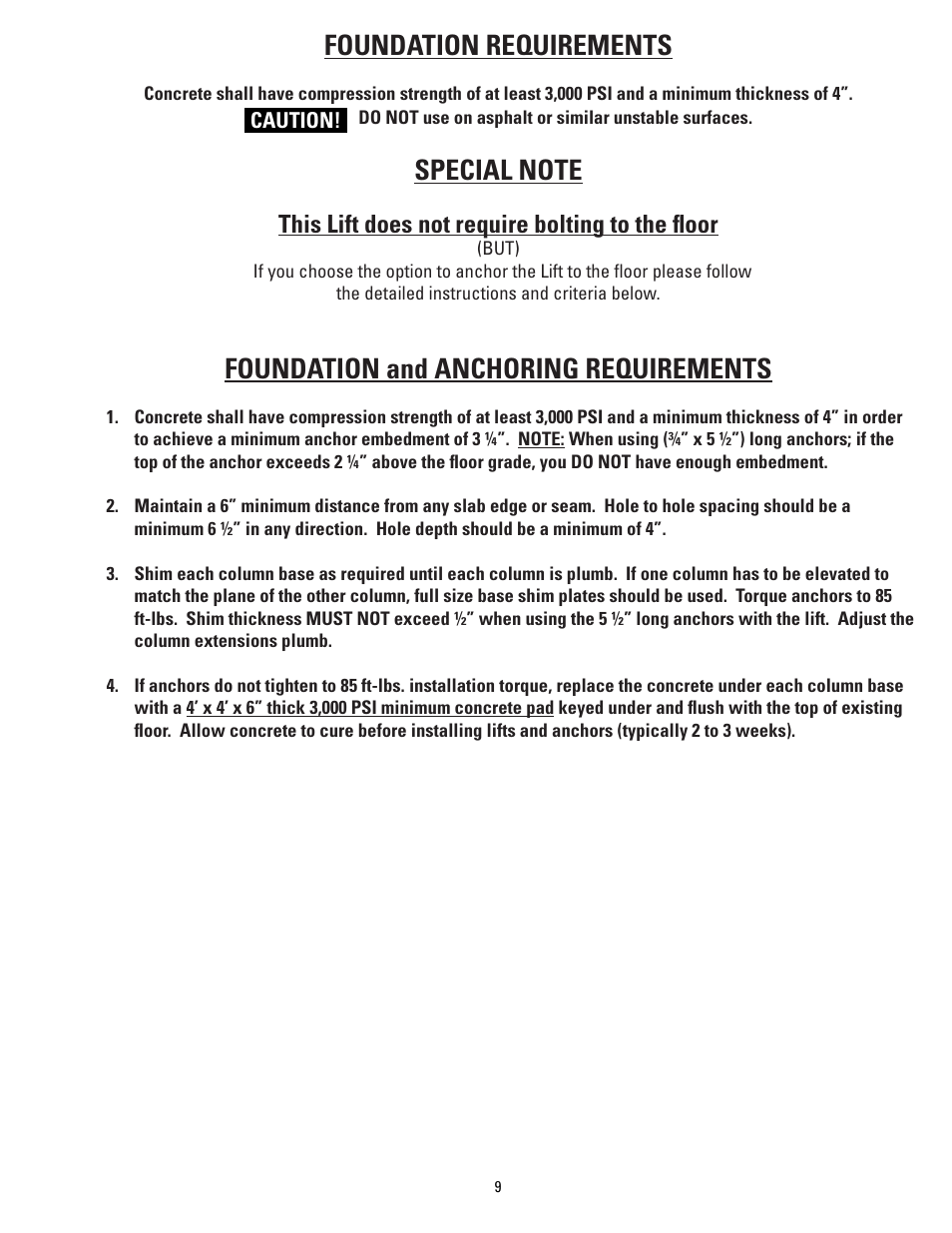 Foundation requirements, Foundation and anchoring requirements, This lift does not require bolting to the floor | Direct Lift PP8S User Manual | Page 9 / 36