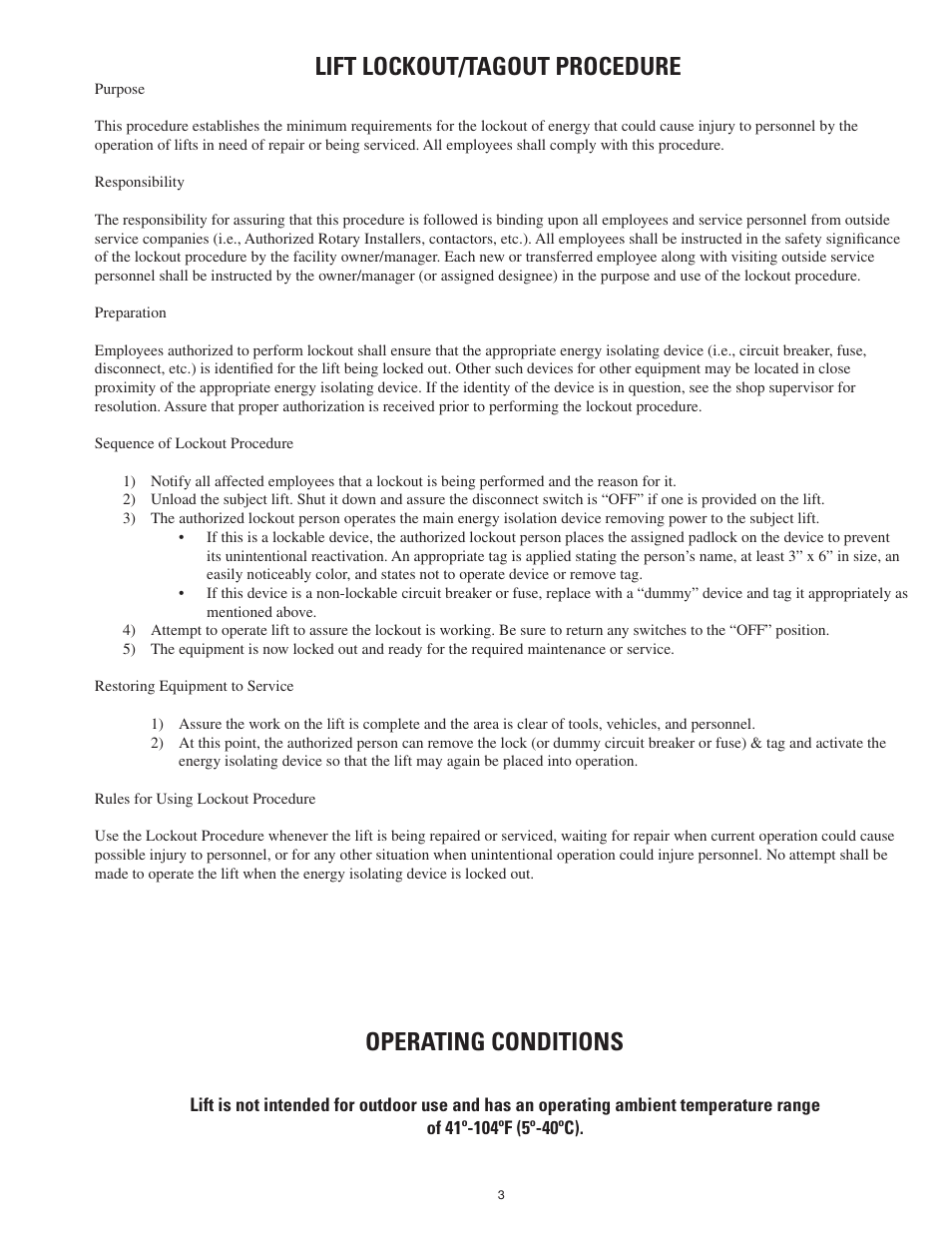 Lift lockout/tagout procedure operating conditions | Direct Lift PRO-6MR User Manual | Page 6 / 13