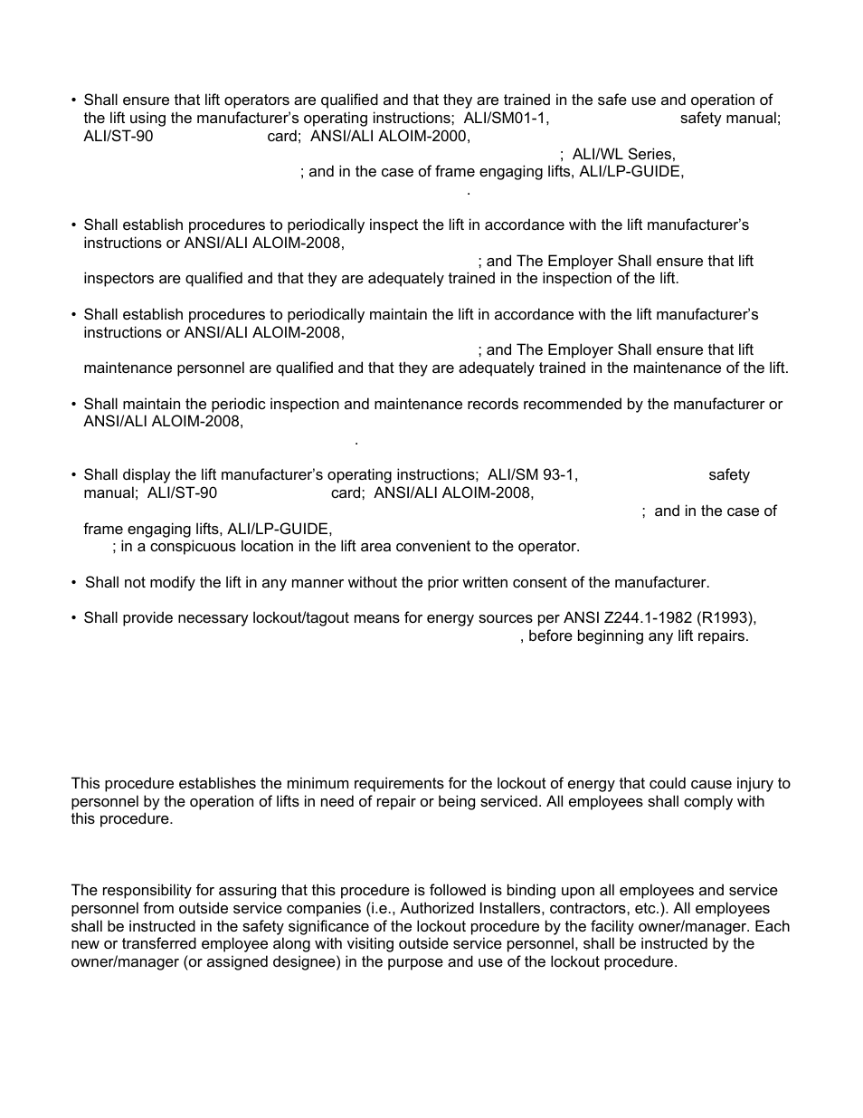 The owner / employer, Lift lockout/tagout procedure | Direct Lift Pro9F User Manual | Page 14 / 32