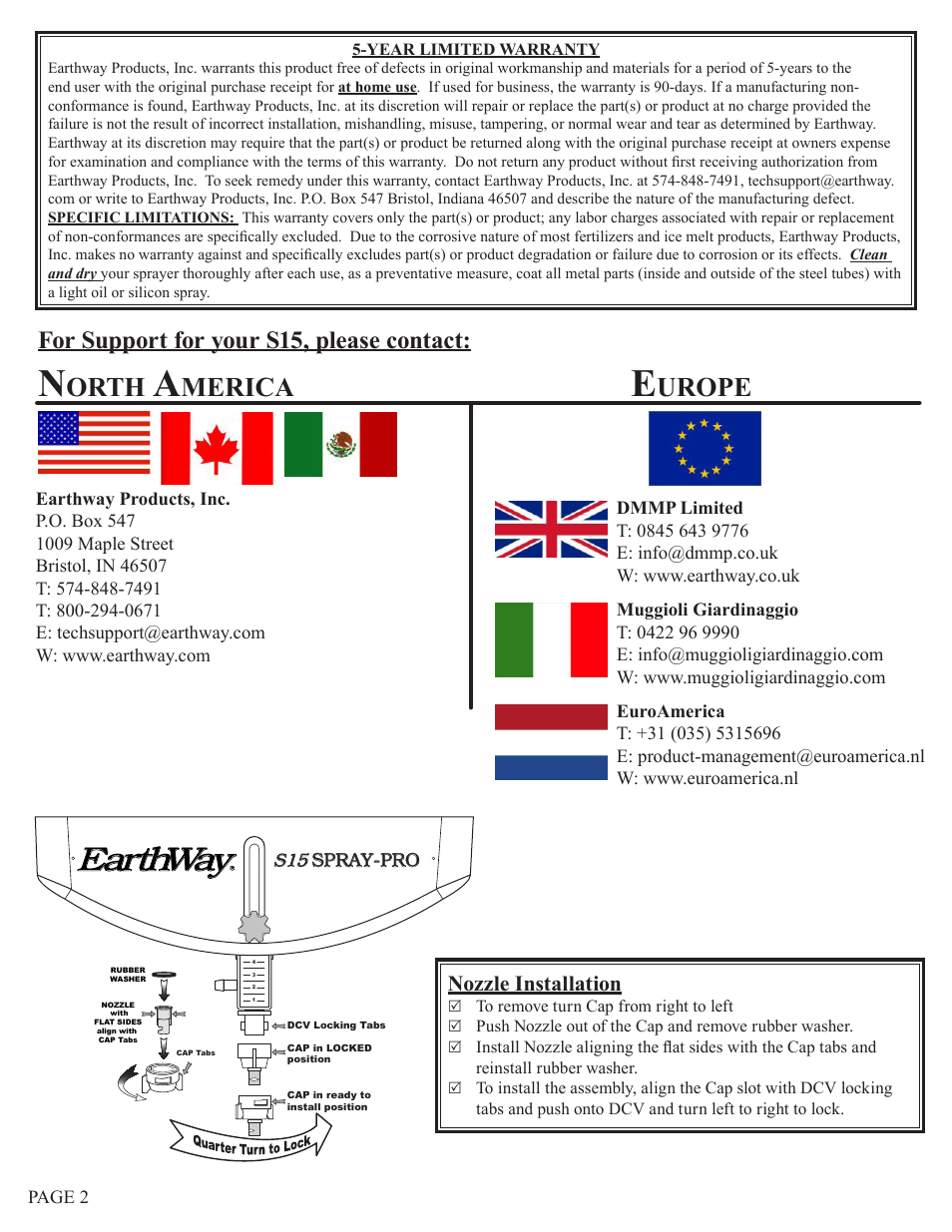 Earthway, Orth, Merica | Urope, For support for your s15, please contact, Nozzle installation | Earthway S15 PUSH SPRAYER User Manual | Page 2 / 5