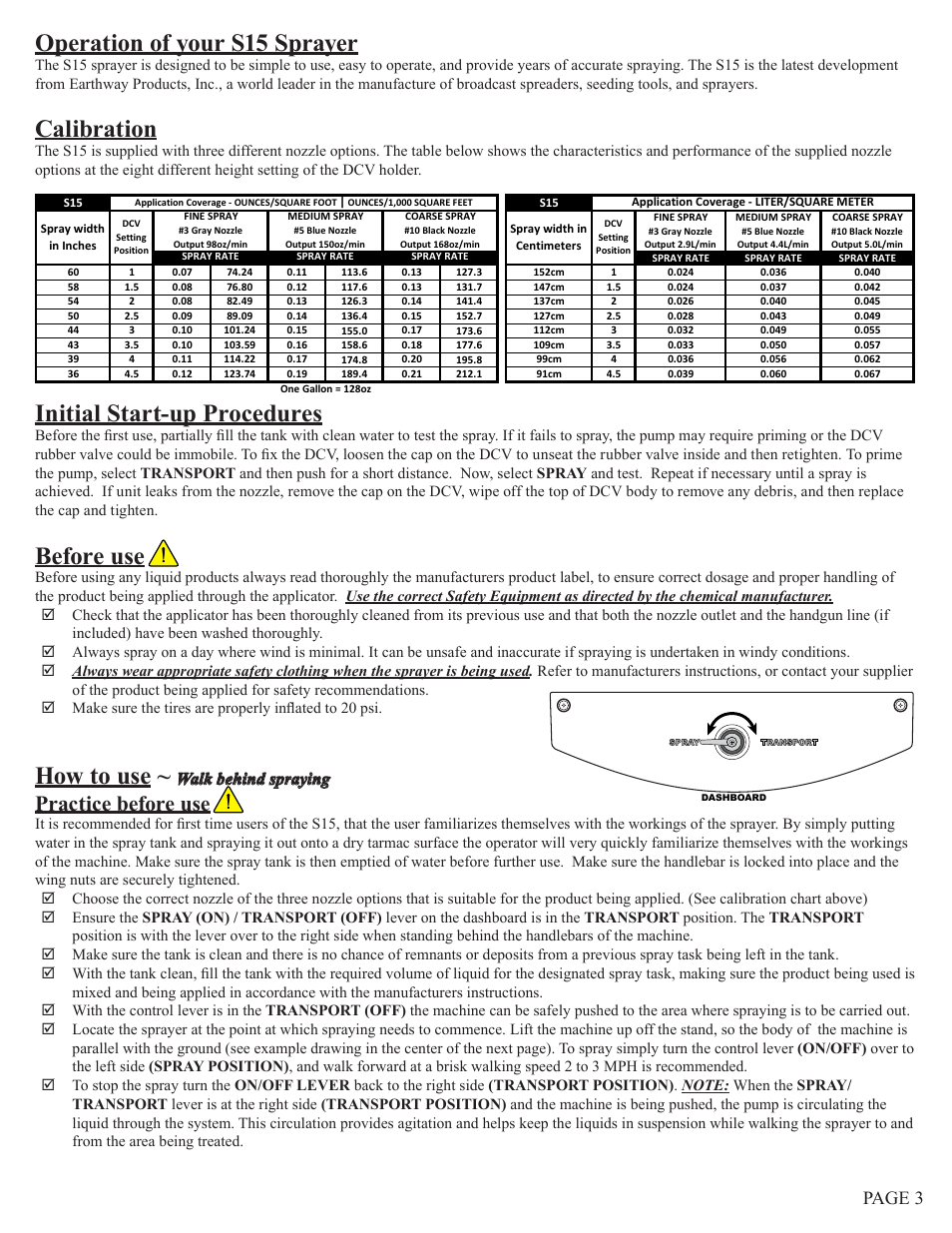 Operation of your s15 sprayer, Calibration, Initial start-up procedures | Before use, How to use, Practice before use, Page 3, Walk behind spraying | Earthway S15 PUSH SPRAYER User Manual | Page 3 / 5
