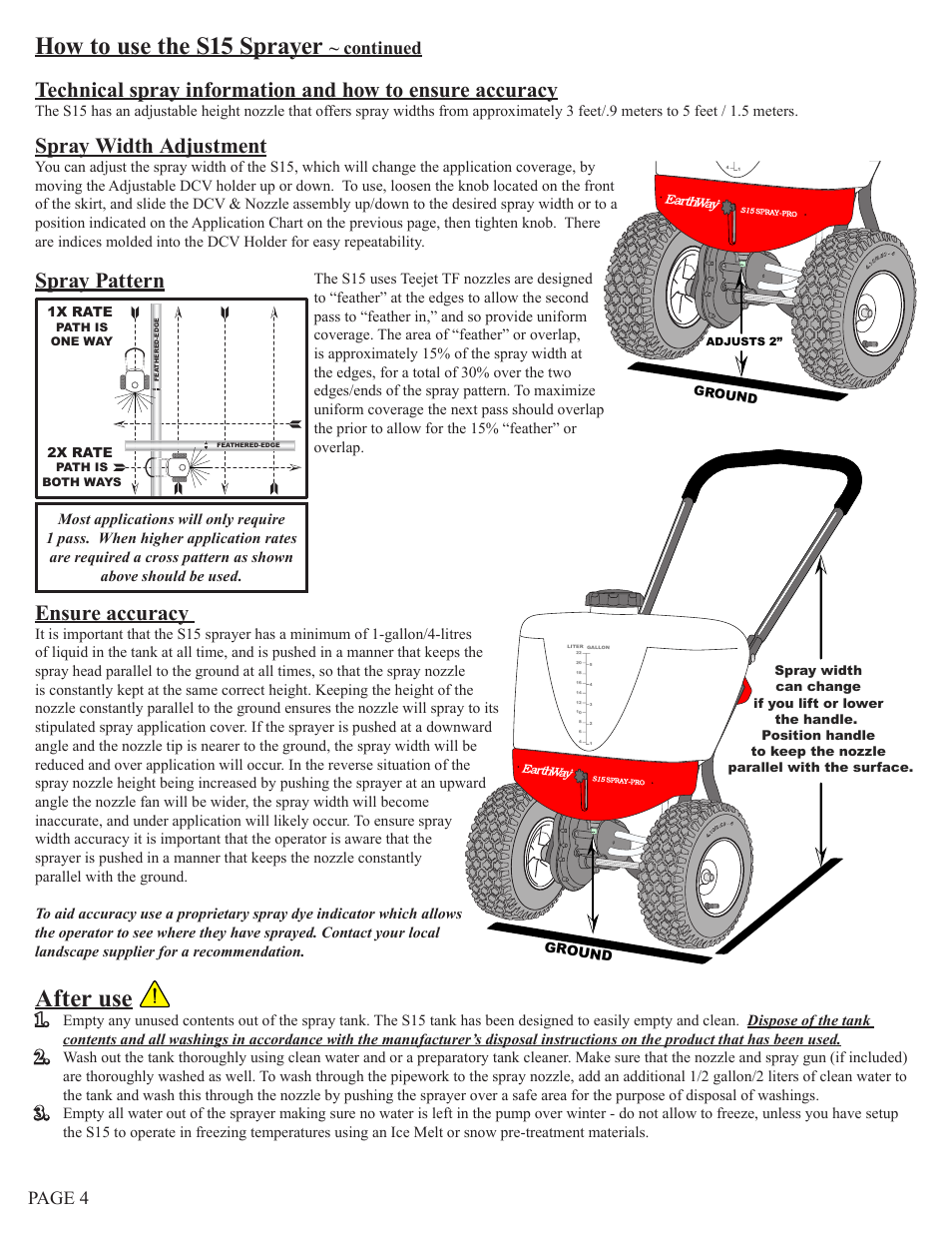 How to use the s15 sprayer, After use, Spray width adjustment | Ensure accuracy, Spray pattern, Continued, Page 4 | Earthway S15 PUSH SPRAYER User Manual | Page 4 / 5