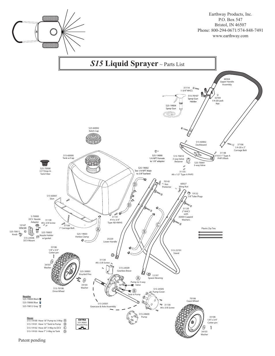 S15 liquid sprayer, Parts list, Patent pending | Earthway S15 PUSH SPRAYER User Manual | Page 5 / 5