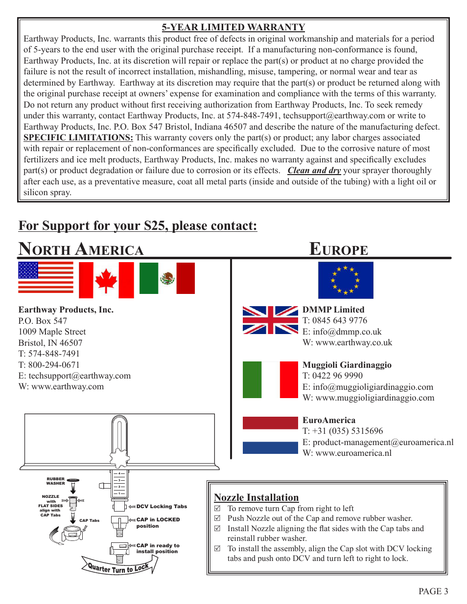 For support for your s25, please contact, Orth, Merica | Urope, Nozzle installation | Earthway S25 SPRAY-PRO PUSH SPRAYER User Manual | Page 3 / 6