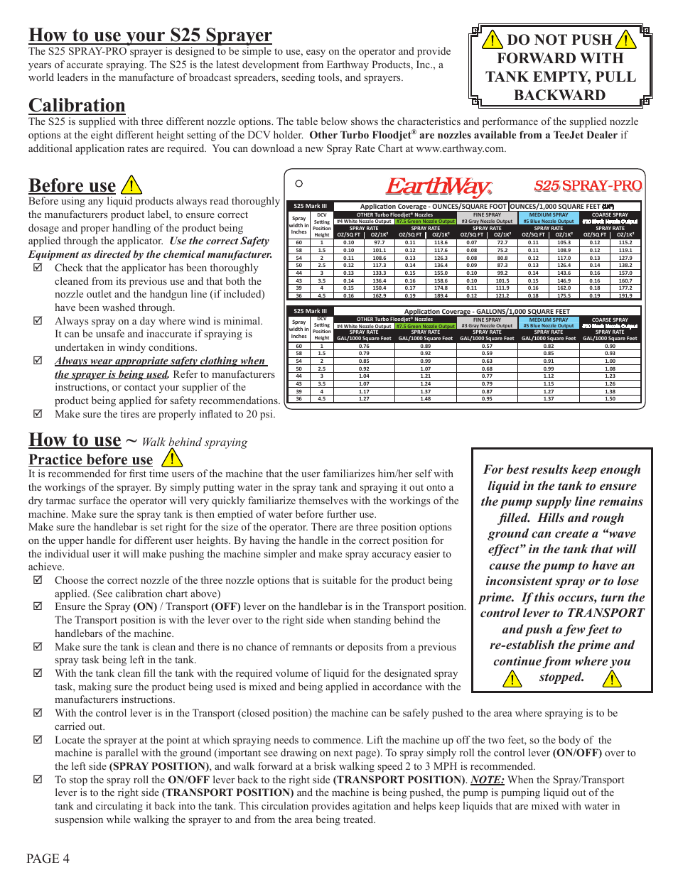 How to use your s25 sprayer, Calibration, Before use | How to use, Practice before use, Do not push forward with tank empty, pull backward, Walk behind spraying | Earthway S25 SPRAY-PRO PUSH SPRAYER User Manual | Page 4 / 6