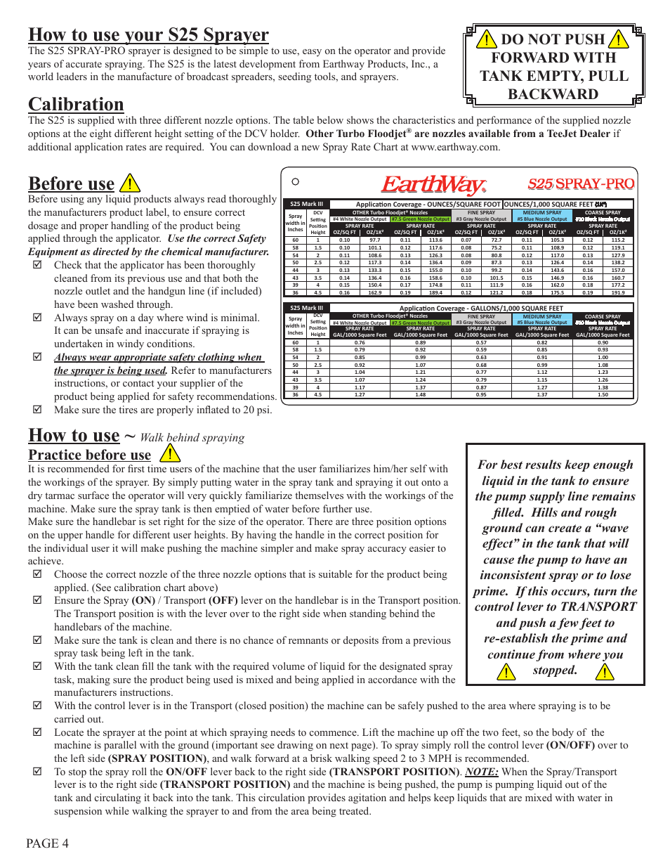 How to use your s25 sprayer, Calibration, Before use | How to use, Practice before use, Do not push forward with tank empty, pull backward, Walk behind spraying | Earthway S25ss SPRAY-PRO PUSH SPRAYER User Manual | Page 4 / 6