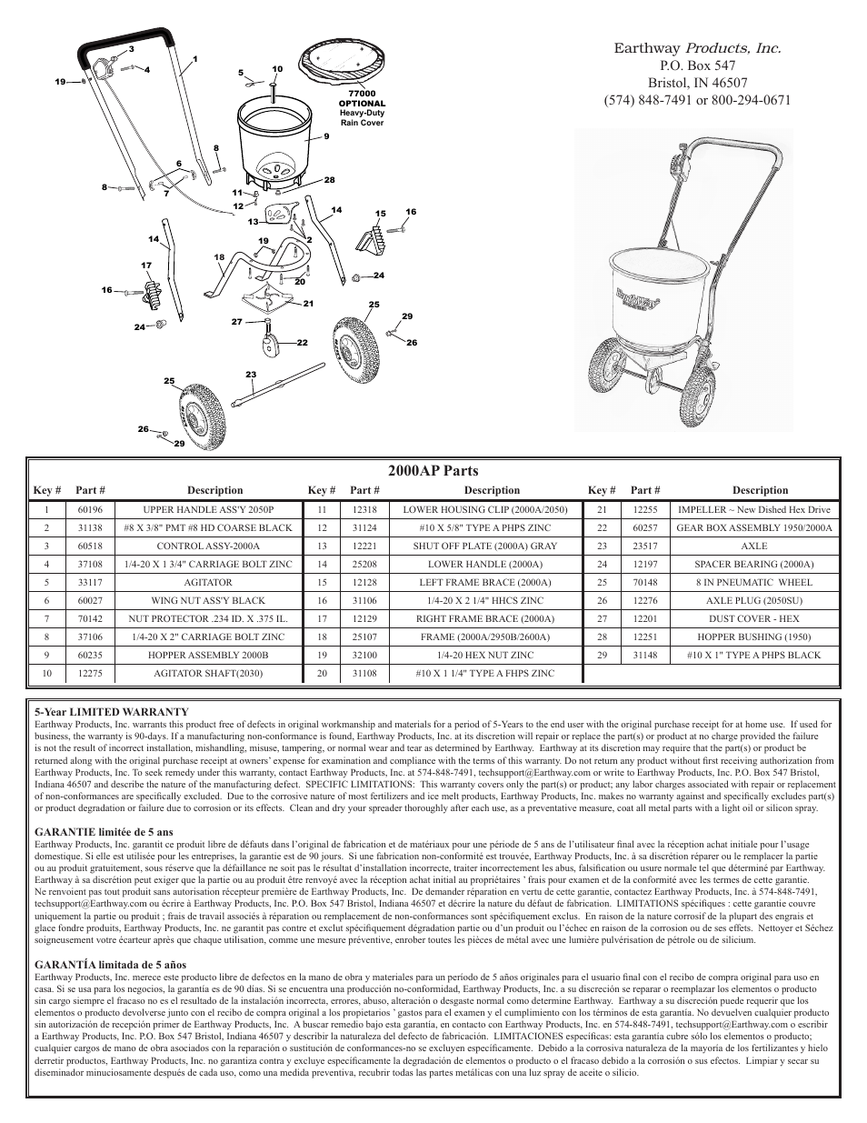 2000ap parts, Products, inc, Earthway | Earthway 2000AP Homeowner Broadcast Spreader User Manual | Page 2 / 2