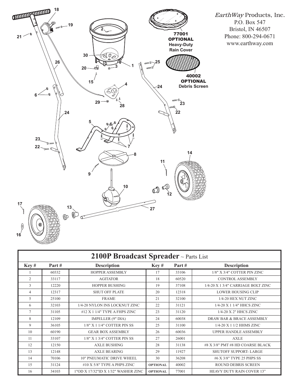 2100p broadcast spreader, Earthway, Parts list | Earthway 2100P Estate Broadcast Spreader User Manual | Page 6 / 6