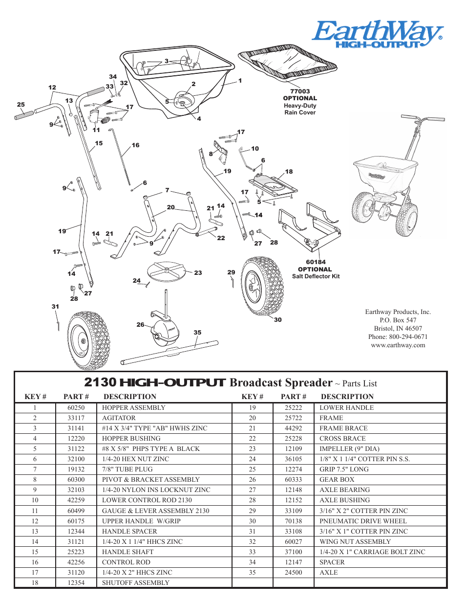 Earthway, 2130 high-output broadcast spreader, Parts list | Earthway 2130 Commerical HIGH-OUTPUT Broadcast Spreader User Manual | Page 4 / 4