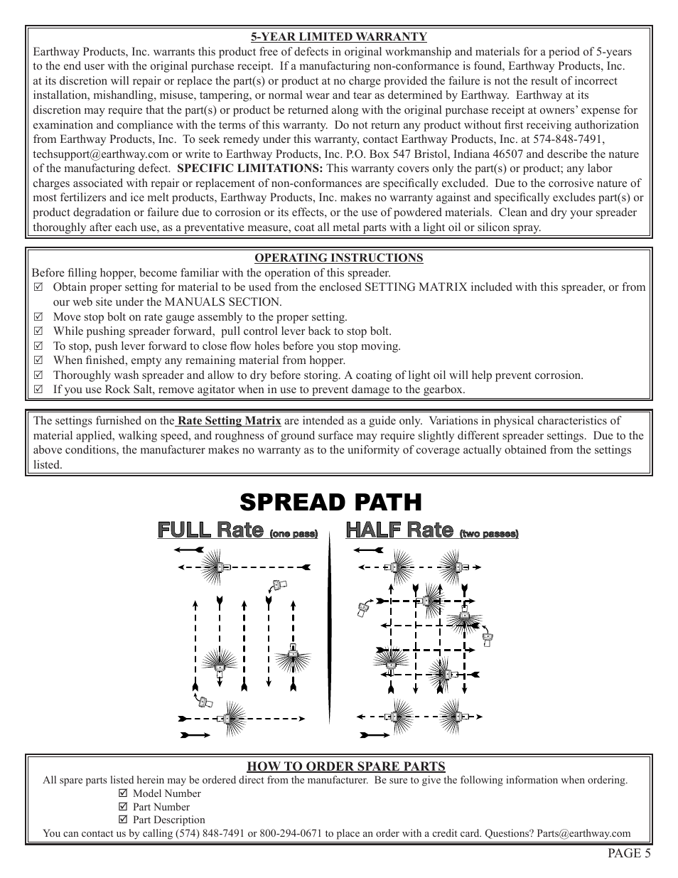 Spread path, Full rate, Half rate | Earthway 2150 Commercial Broadcast Spreader User Manual | Page 5 / 6