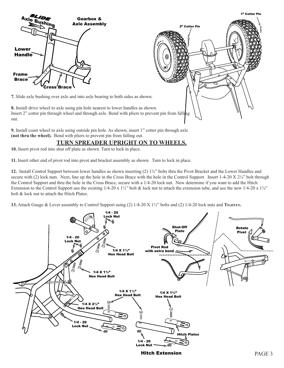 Turn spreader upright on to wheels, Page 3, Slide | Axle bushing | Earthway 2150T Commercial Tow Broadcast Spreader User Manual | Page 3 / 6