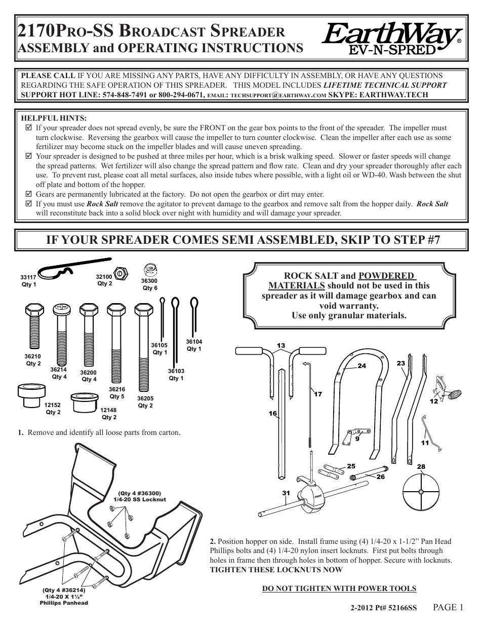 Earthway 2170PRO-SS Commercial 100lb/45kg Broadcast Spreader User Manual | 8 pages