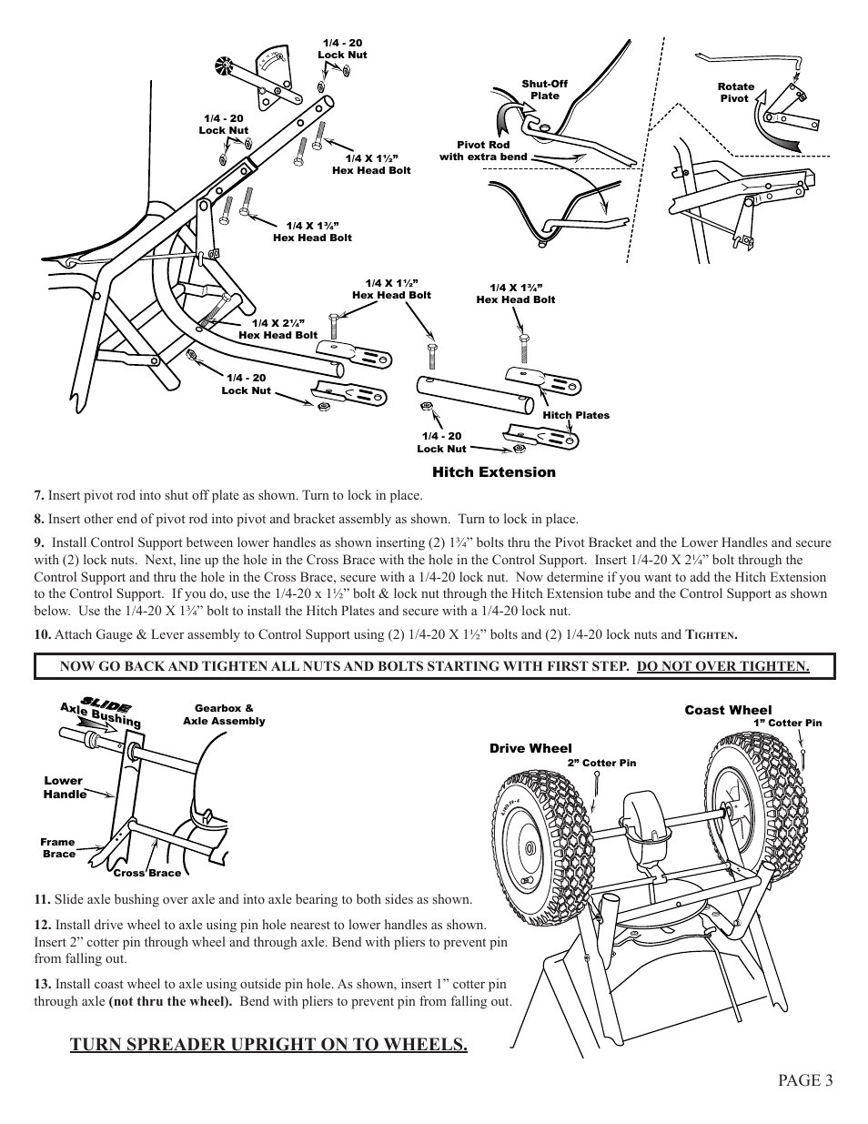 Turn spreader upright on to wheels, Page 3, Hitch extension | Earthway 2170T Commercial Tow Broadcast Spreader User Manual | Page 3 / 6