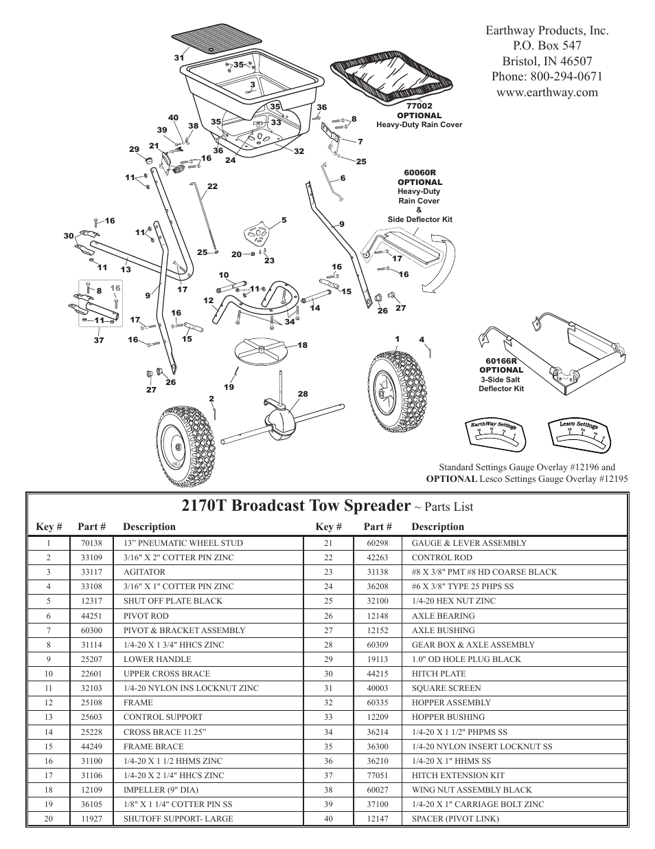 2170t broadcast tow spreader, Parts list | Earthway 2170T Commercial Tow Broadcast Spreader User Manual | Page 6 / 6