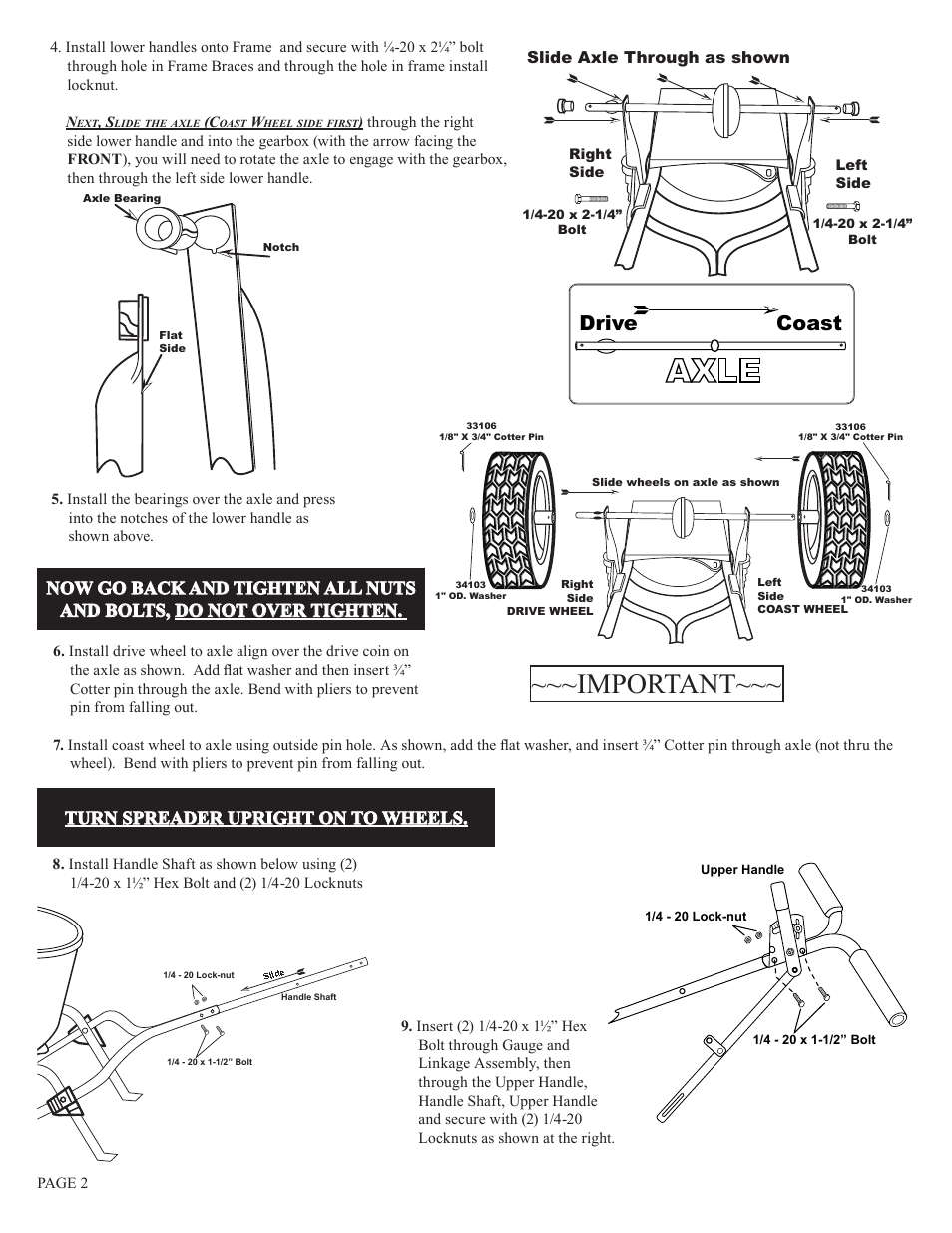 Important, Coast drive, Turn spreader upright on to wheels | Earthway 2600A Medium-Duty Deluxe Broadcast Spreader User Manual | Page 2 / 5